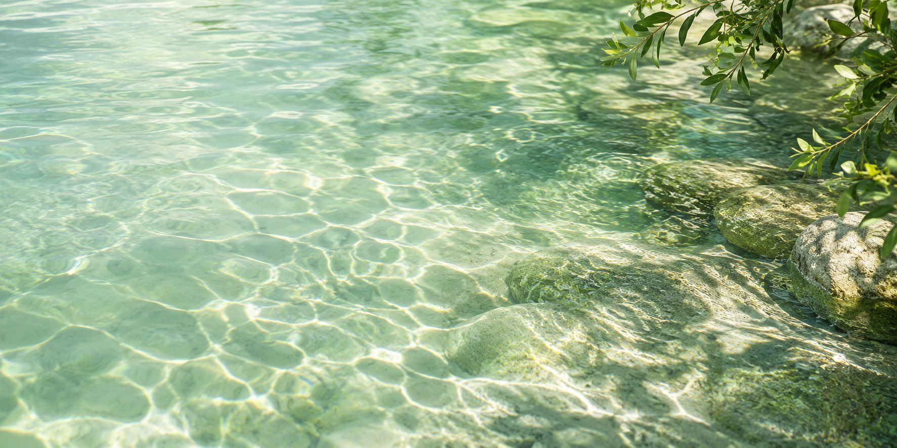 Clear emerald water with gentle ripples, soft sunlight and leafy shadows