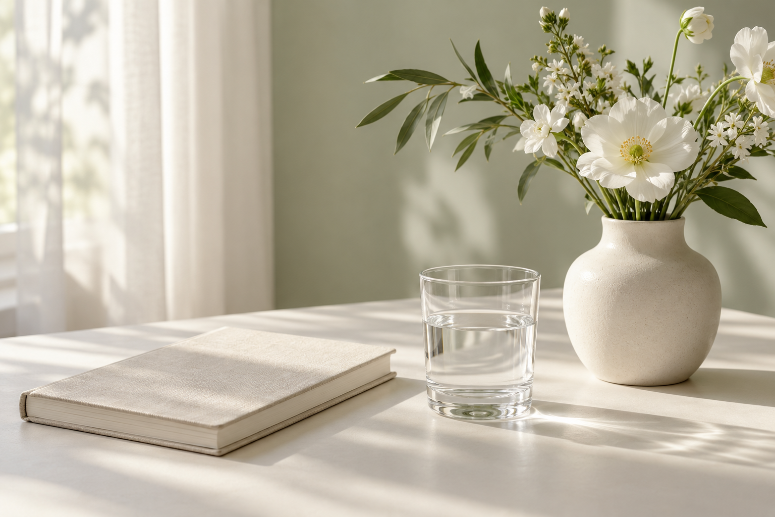 A cream notebook, a glass of drinking water and white flowers in a ceramic vase