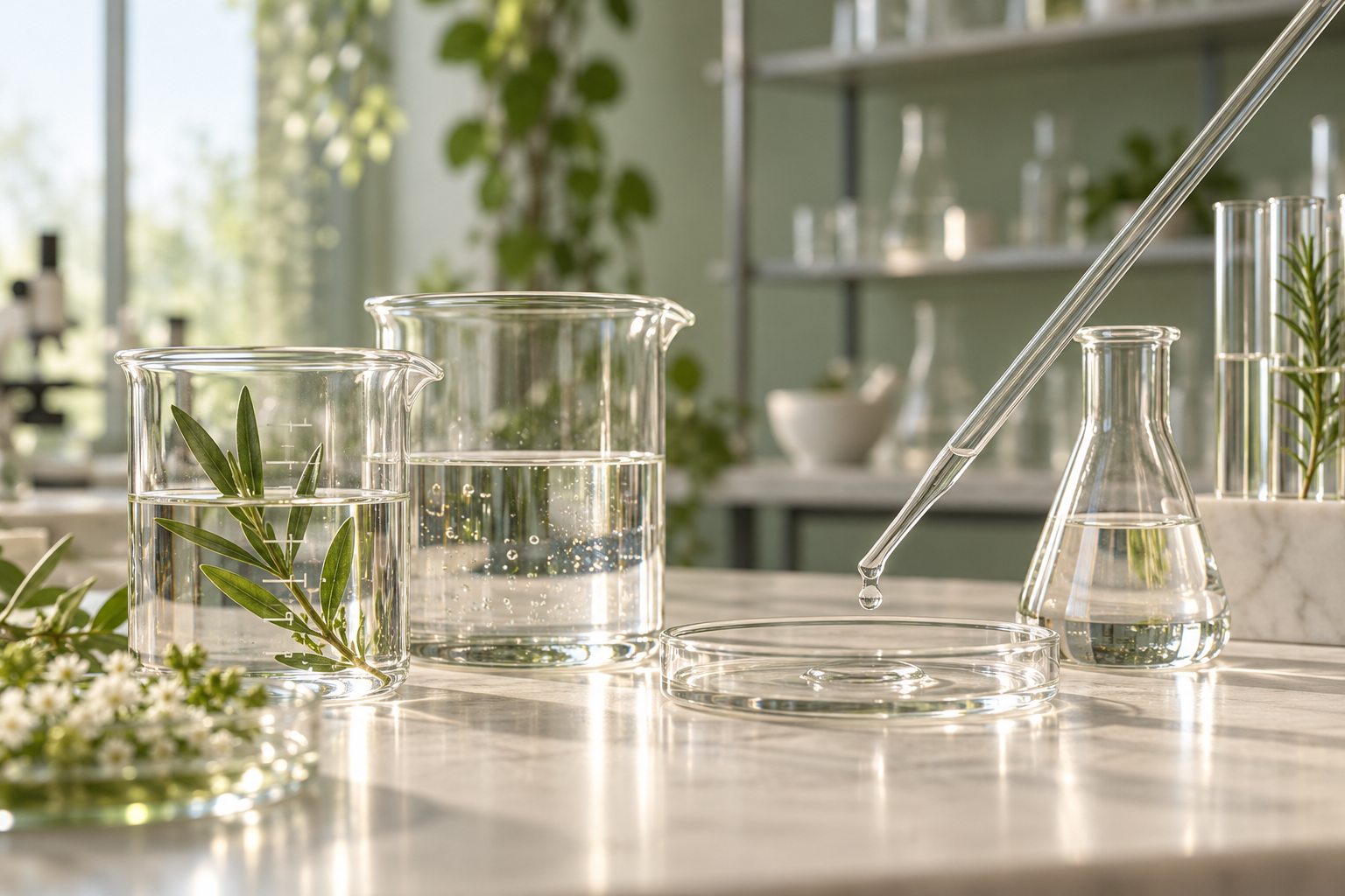 Illustrative skincare laboratory scene with glass beakers and a pipette