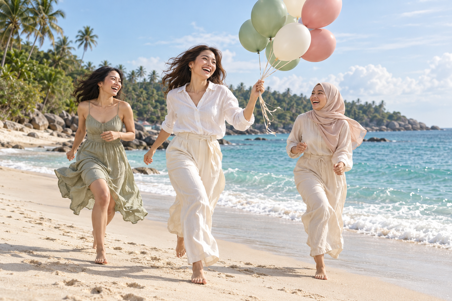 Three female friends laughing and running along a tropical beach with sage, ivory and rose balloons