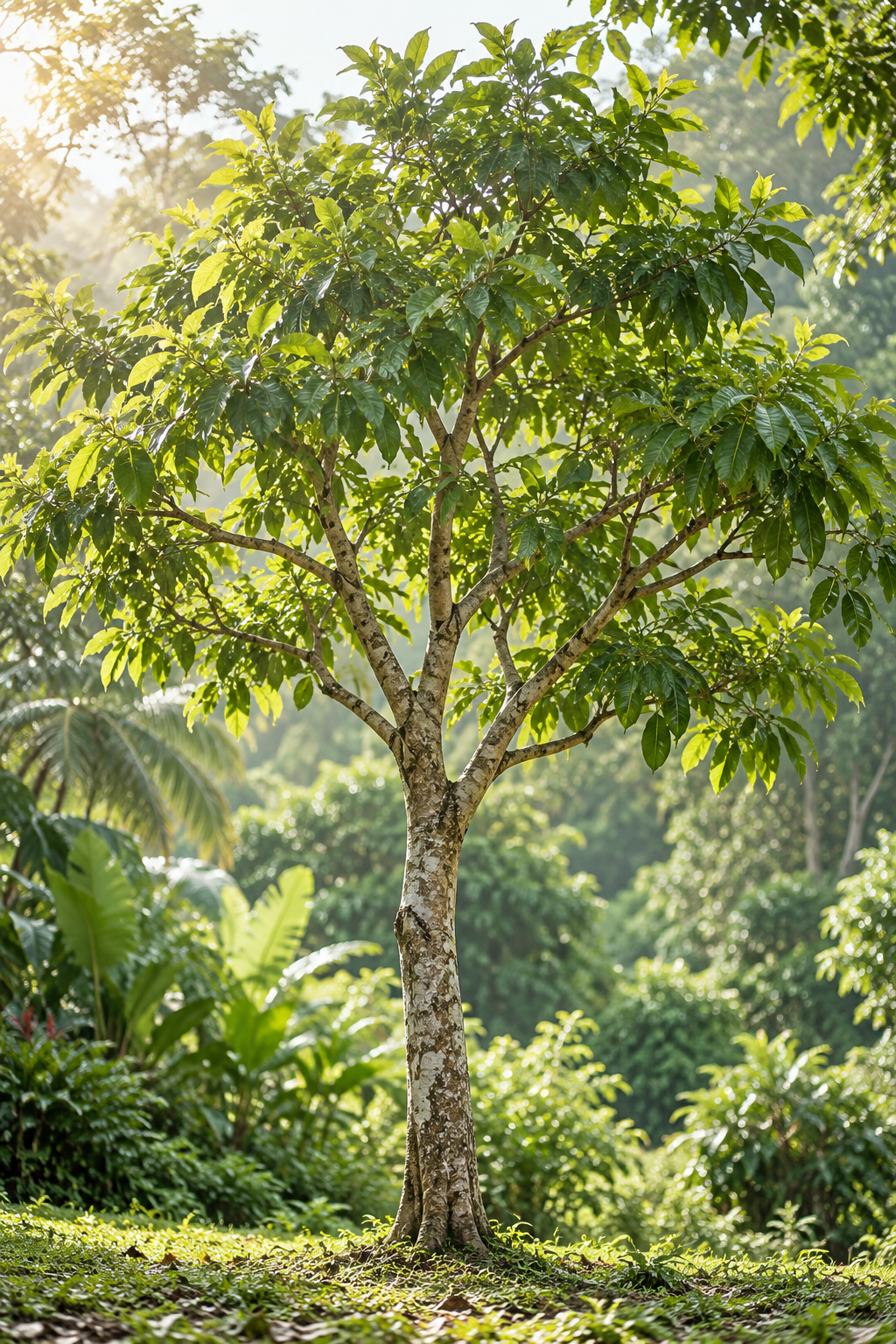 A thriving tropical tree with lush green leaves in a sunlit garden