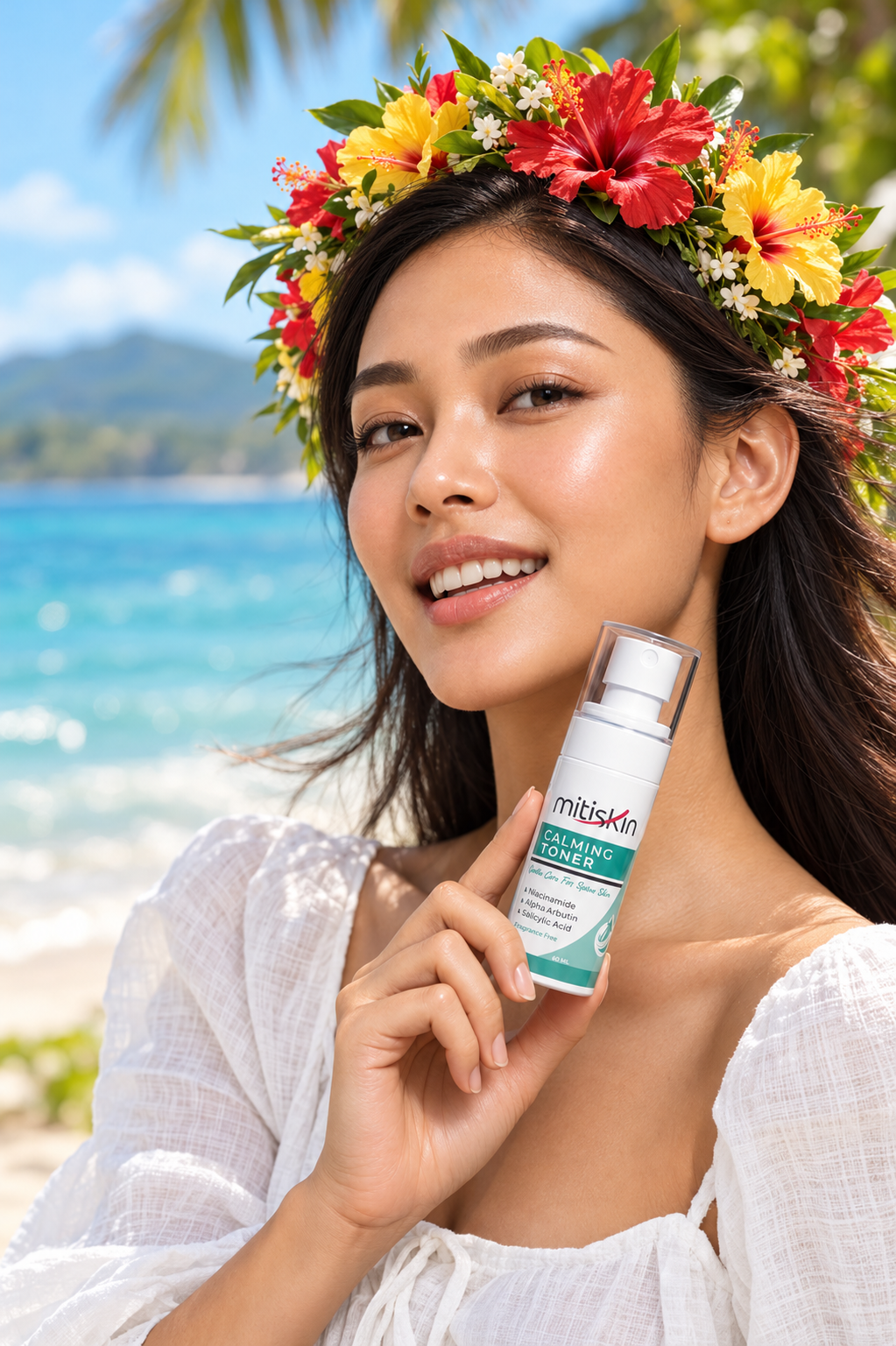 A smiling woman in white with a crown of red and yellow flowers and green leaves, holding MITISKIN Calming Toner on a breezy beach